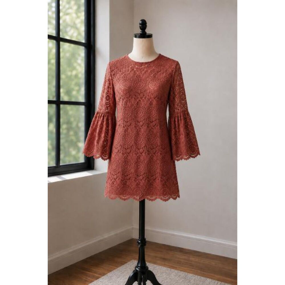 Altar'd State Floral Lace Mini Dress Size Medium Bell Sleeve Rust Color Fairy